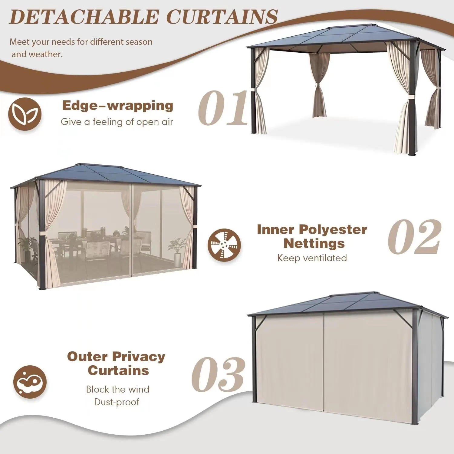 EROMMY 10’ x 12’ Patio Hardtop Gazebo Aluminum Frame Gazebos with Netting & Curtain, Outdoor Polycarbonate Gazebo For Garden, Patio, Lawns