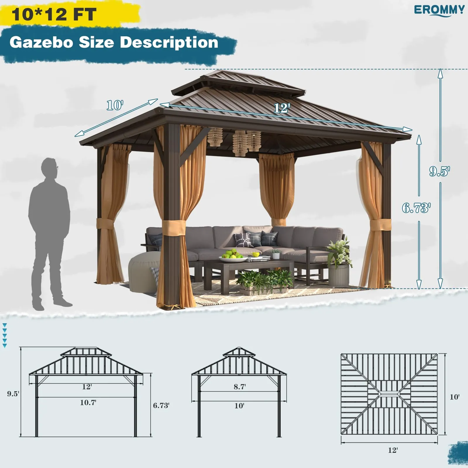EROMMY 10X12 Hardtop Grill Gazebo with Netting and Sides
