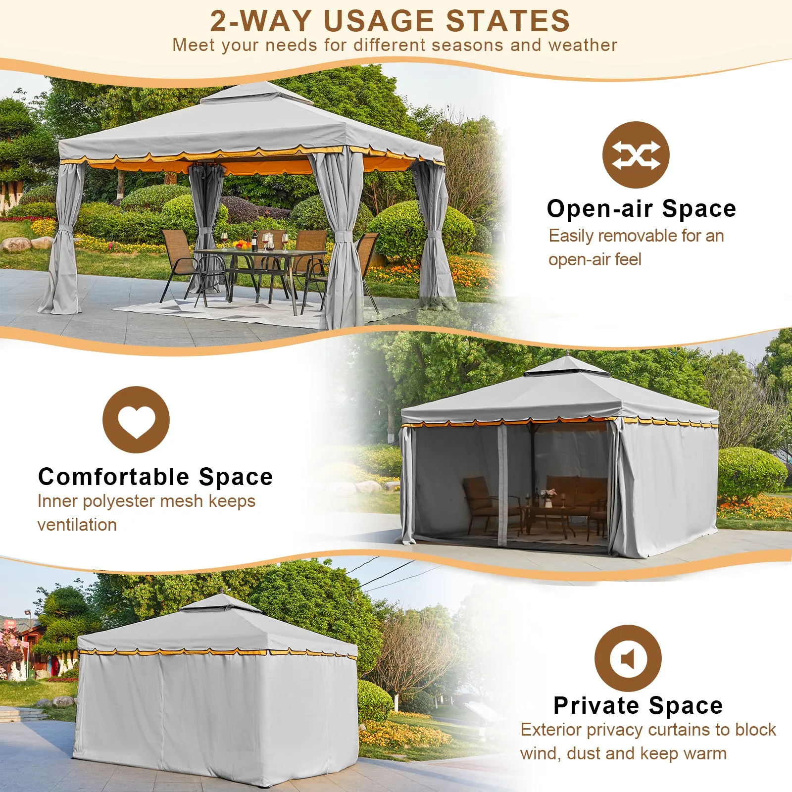 Erommy 12' x 12' Outdoor Canopy Gazebo, Double Roof Patio Gazebo Steel Frame with Netting and Shade Curtains for Garden,Patio,Party Canopy, Grey