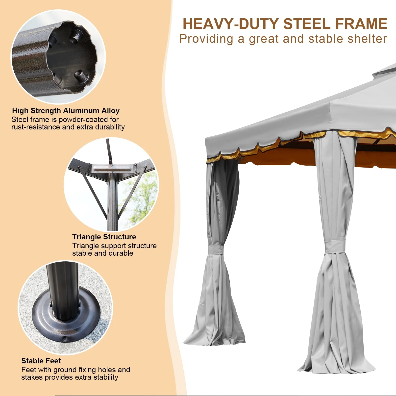 Erommy 12' x 12' Outdoor Canopy Gazebo, Double Roof Patio Gazebo Steel Frame with Netting and Shade Curtains for Garden,Patio,Party Canopy, Grey