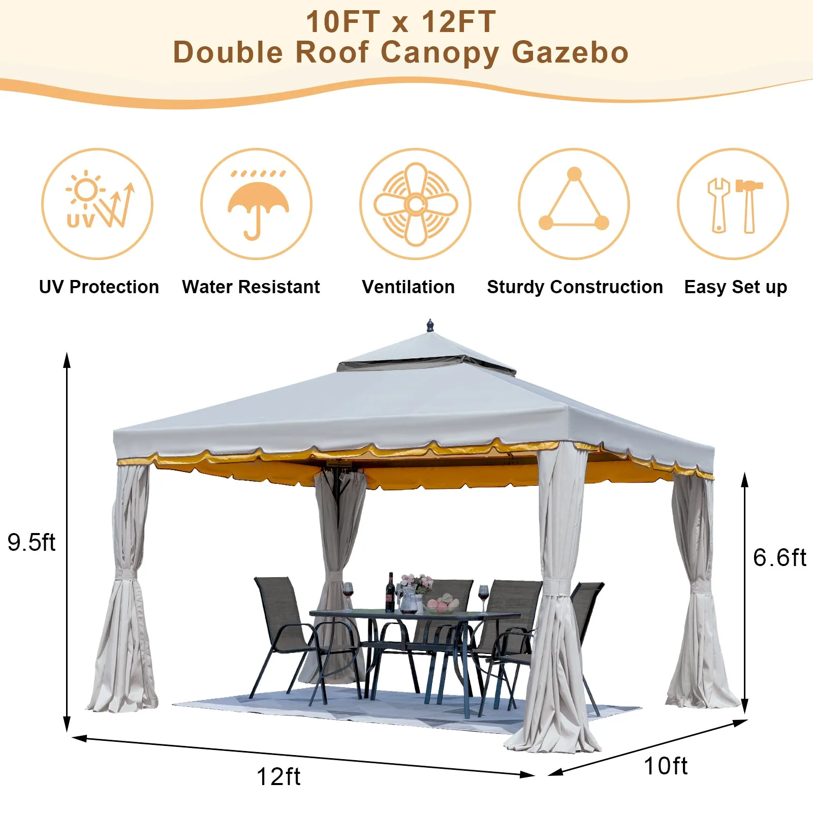 Erommy 12' x 12' Outdoor Canopy Gazebo, Double Roof Patio Gazebo Steel Frame with Netting and Shade Curtains for Garden,Patio,Party Canopy, Grey