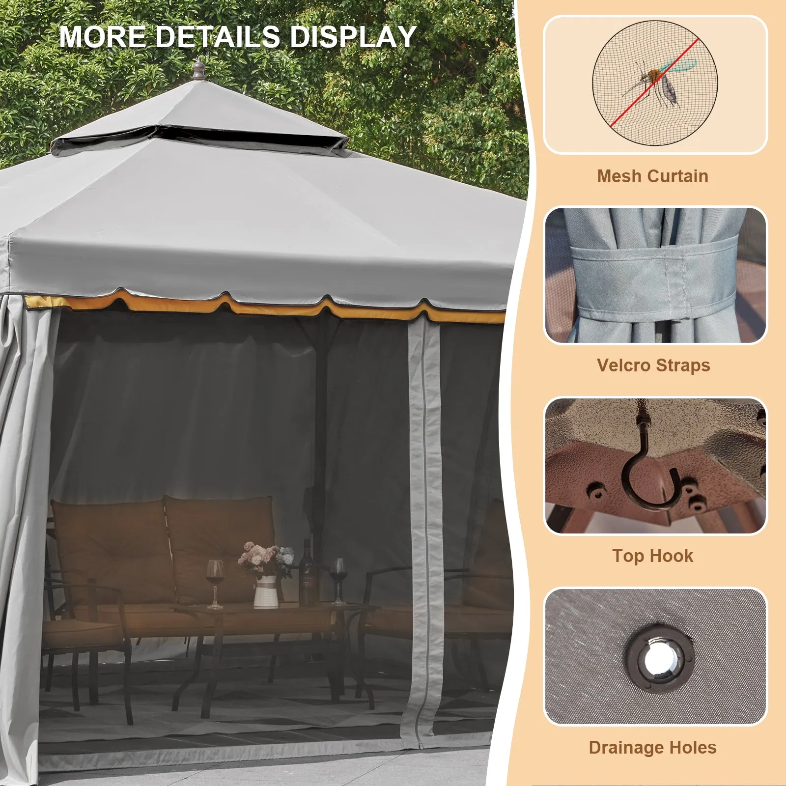 Erommy 12' x 12' Outdoor Canopy Gazebo, Double Roof Patio Gazebo Steel Frame with Netting and Shade Curtains for Garden,Patio,Party Canopy, Grey