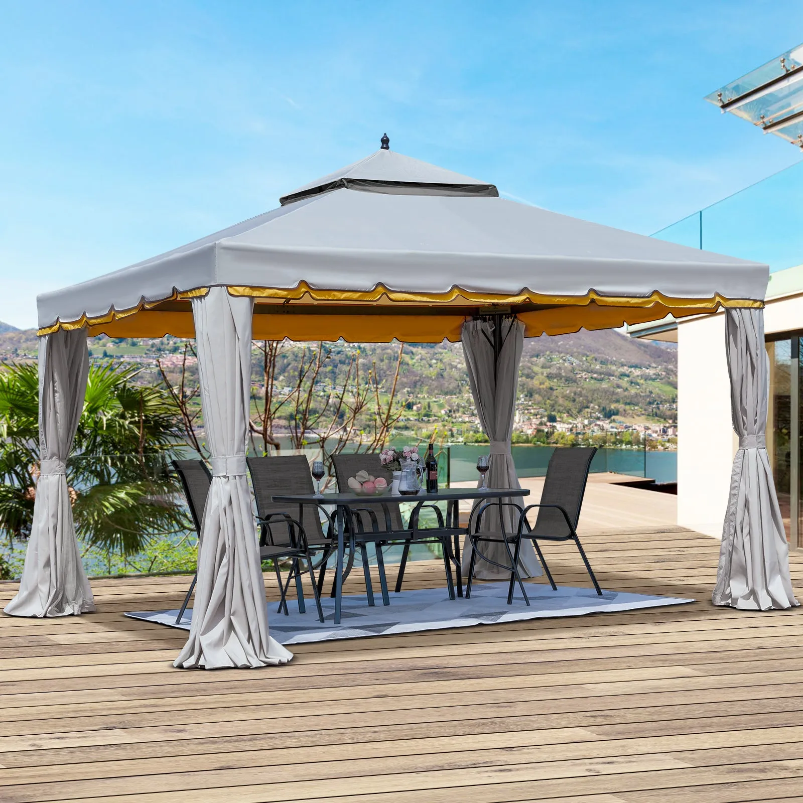 Erommy 12' x 12' Outdoor Canopy Gazebo, Double Roof Patio Gazebo Steel Frame with Netting and Shade Curtains for Garden,Patio,Party Canopy, Grey