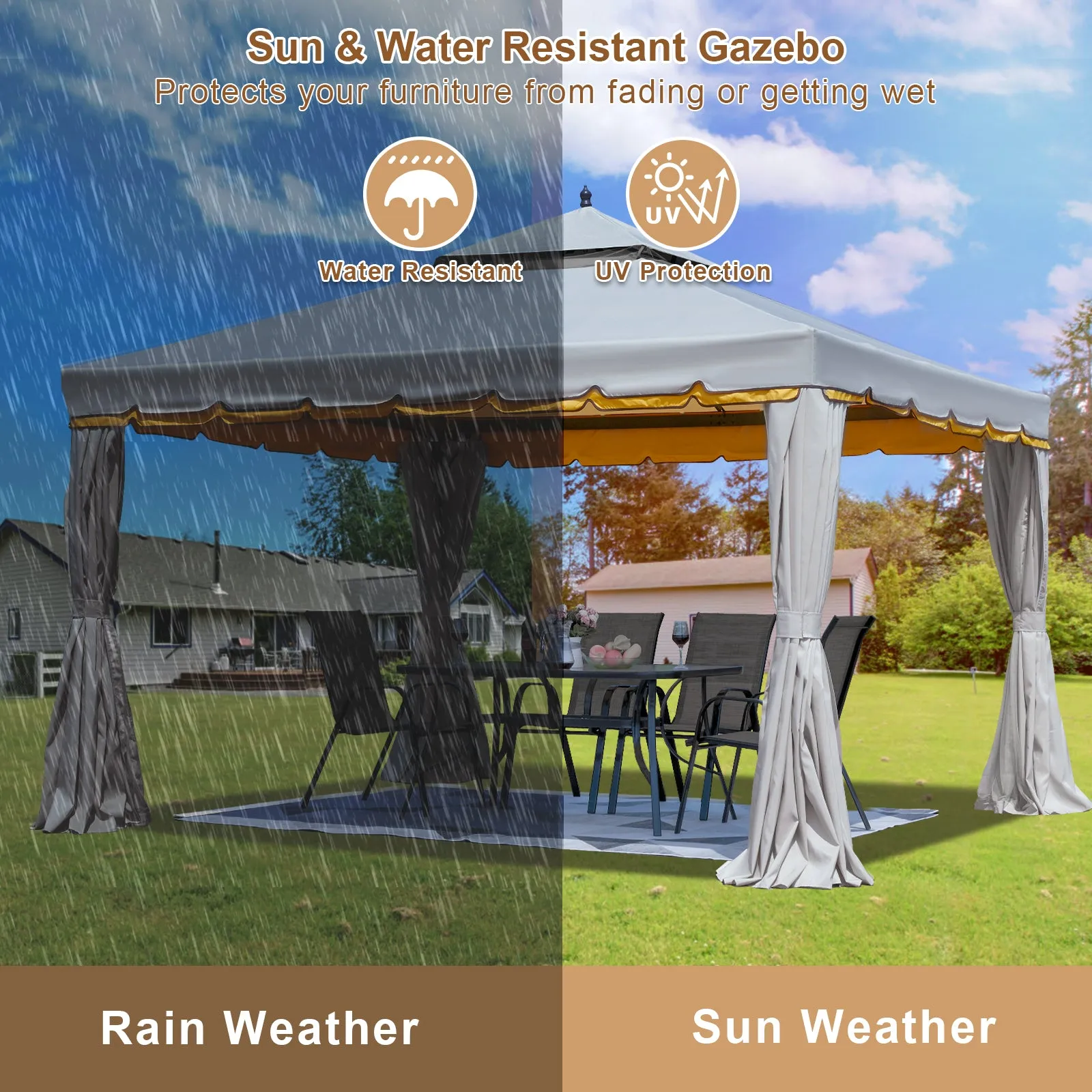 Erommy 12' x 12' Outdoor Canopy Gazebo, Double Roof Patio Gazebo Steel Frame with Netting and Shade Curtains for Garden,Patio,Party Canopy, Grey