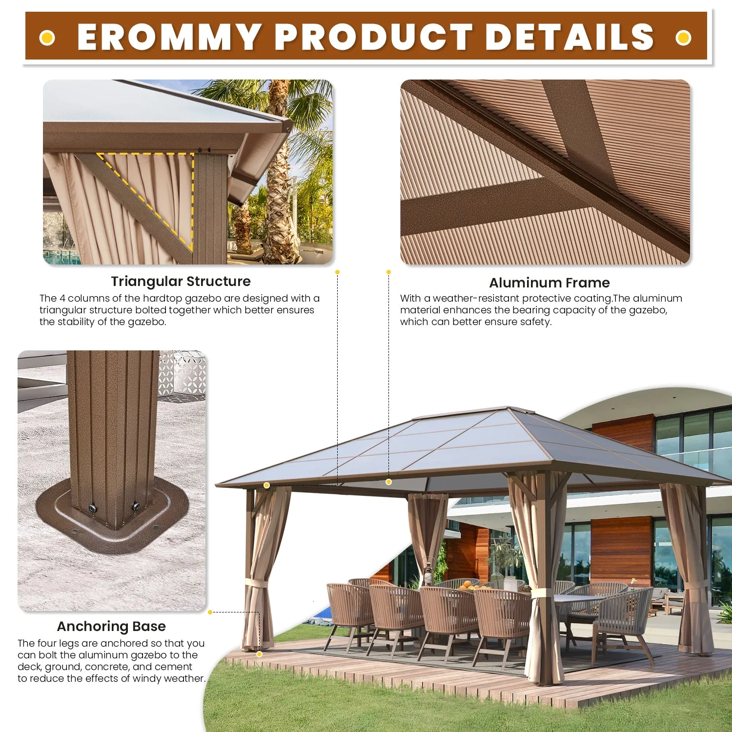 EROMMY 12' x 16' Hardtop Gazebo, Outdoor Polycarbonate Roof Canopy, Aluminum Frame Permanent Pavilion, Sunshade