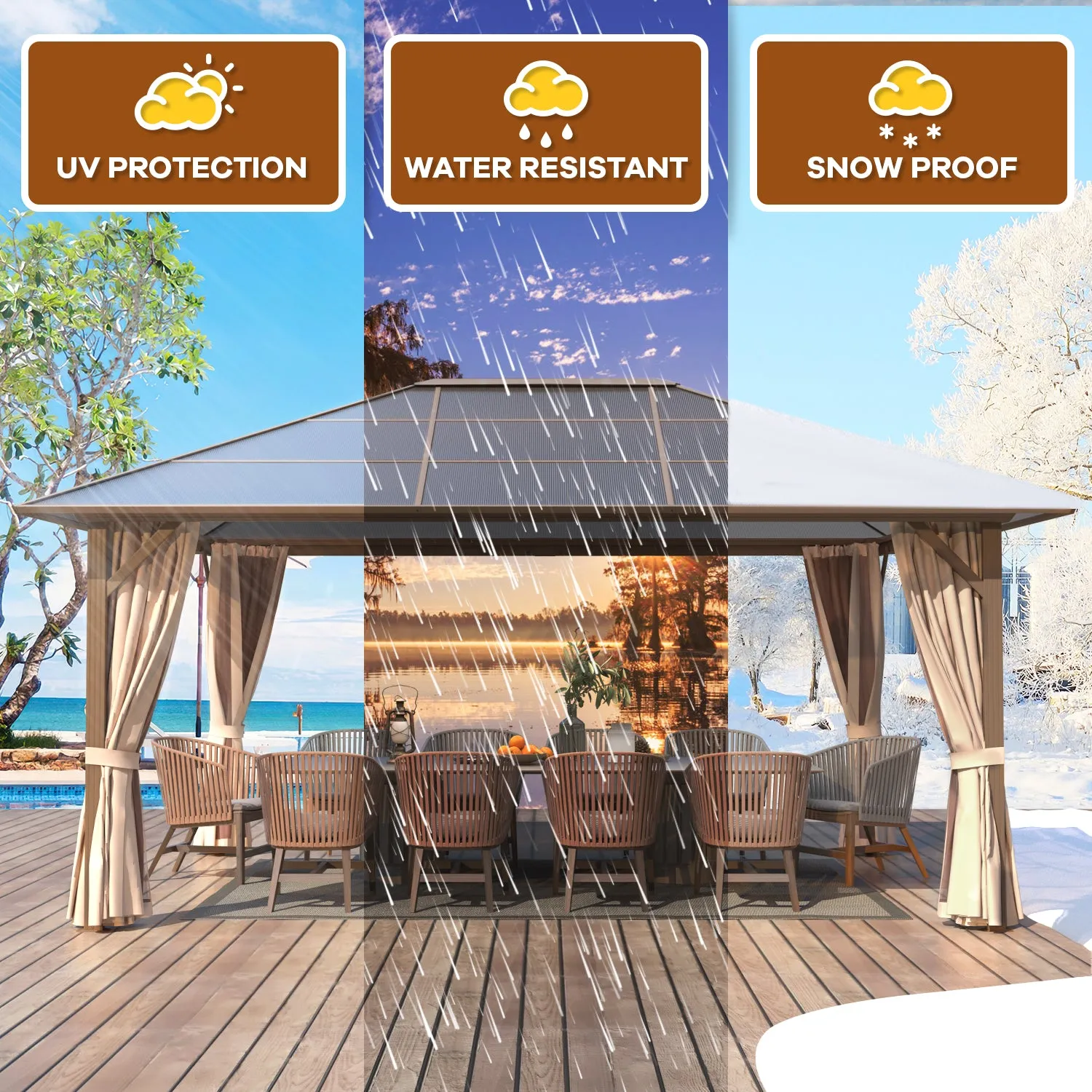 EROMMY 12' x 16' Hardtop Gazebo, Outdoor Polycarbonate Roof Canopy, Aluminum Frame Permanent Pavilion, Sunshade