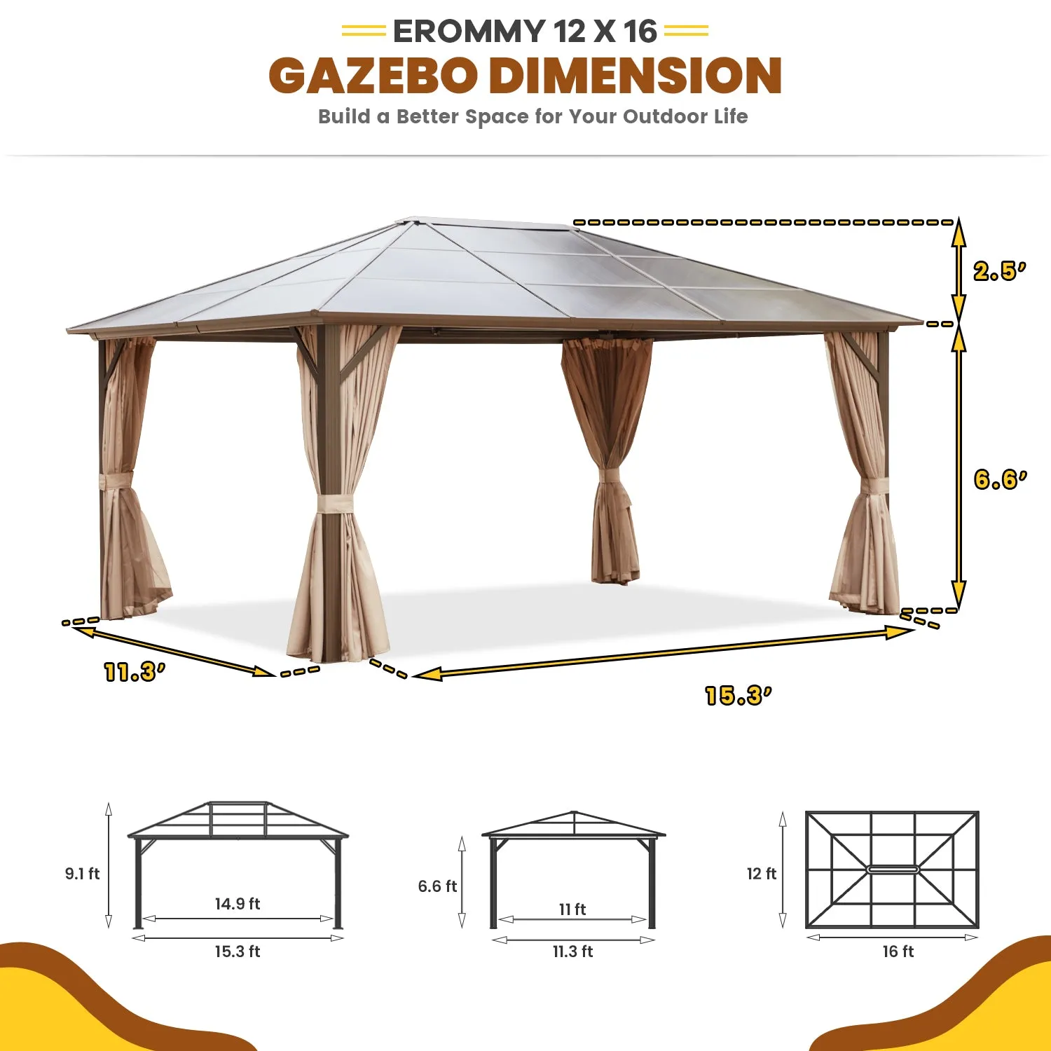 EROMMY 12' x 16' Hardtop Gazebo, Outdoor Polycarbonate Roof Canopy, Aluminum Frame Permanent Pavilion, Sunshade