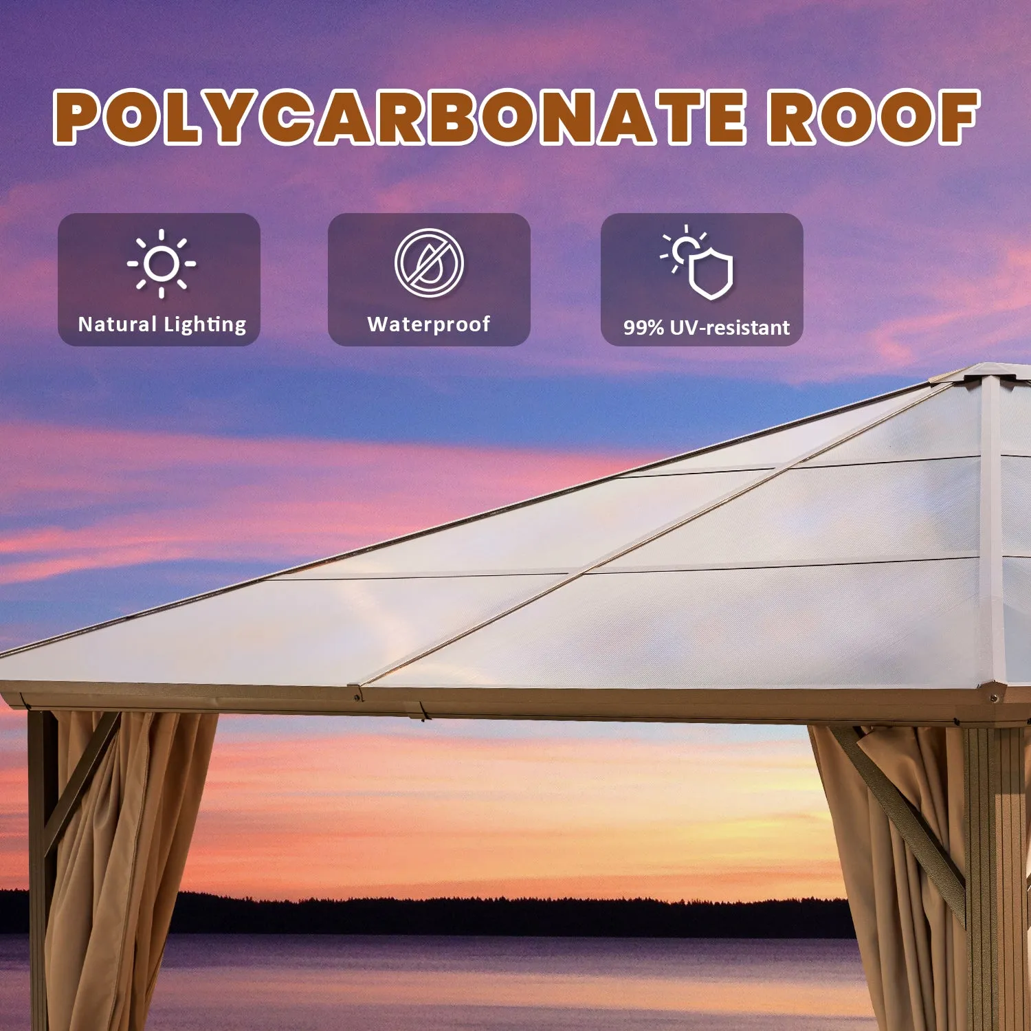 EROMMY 12' x 16' Hardtop Gazebo, Outdoor Polycarbonate Roof Canopy, Aluminum Frame Permanent Pavilion, Sunshade