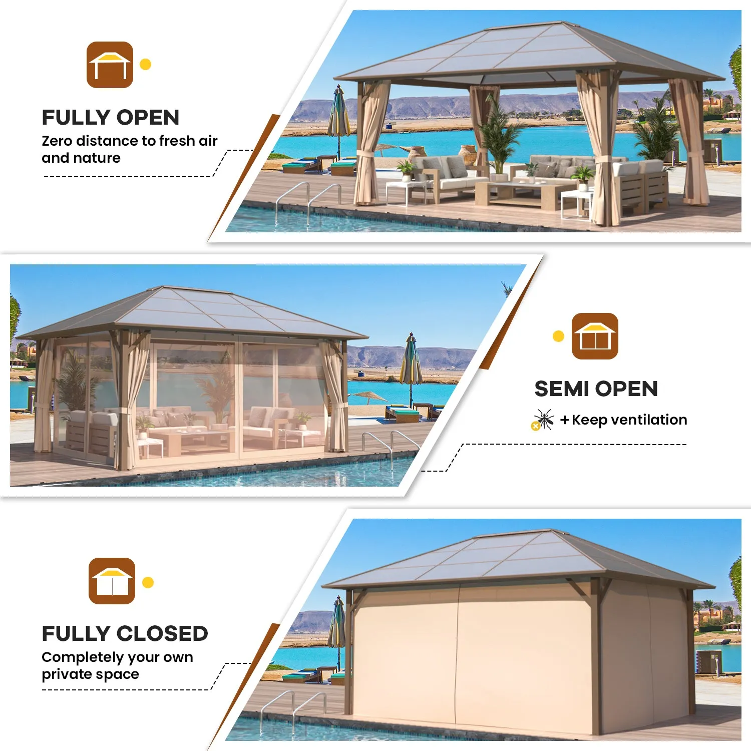 EROMMY 12' x 16' Hardtop Gazebo, Outdoor Polycarbonate Roof Canopy, Aluminum Frame Permanent Pavilion, Sunshade