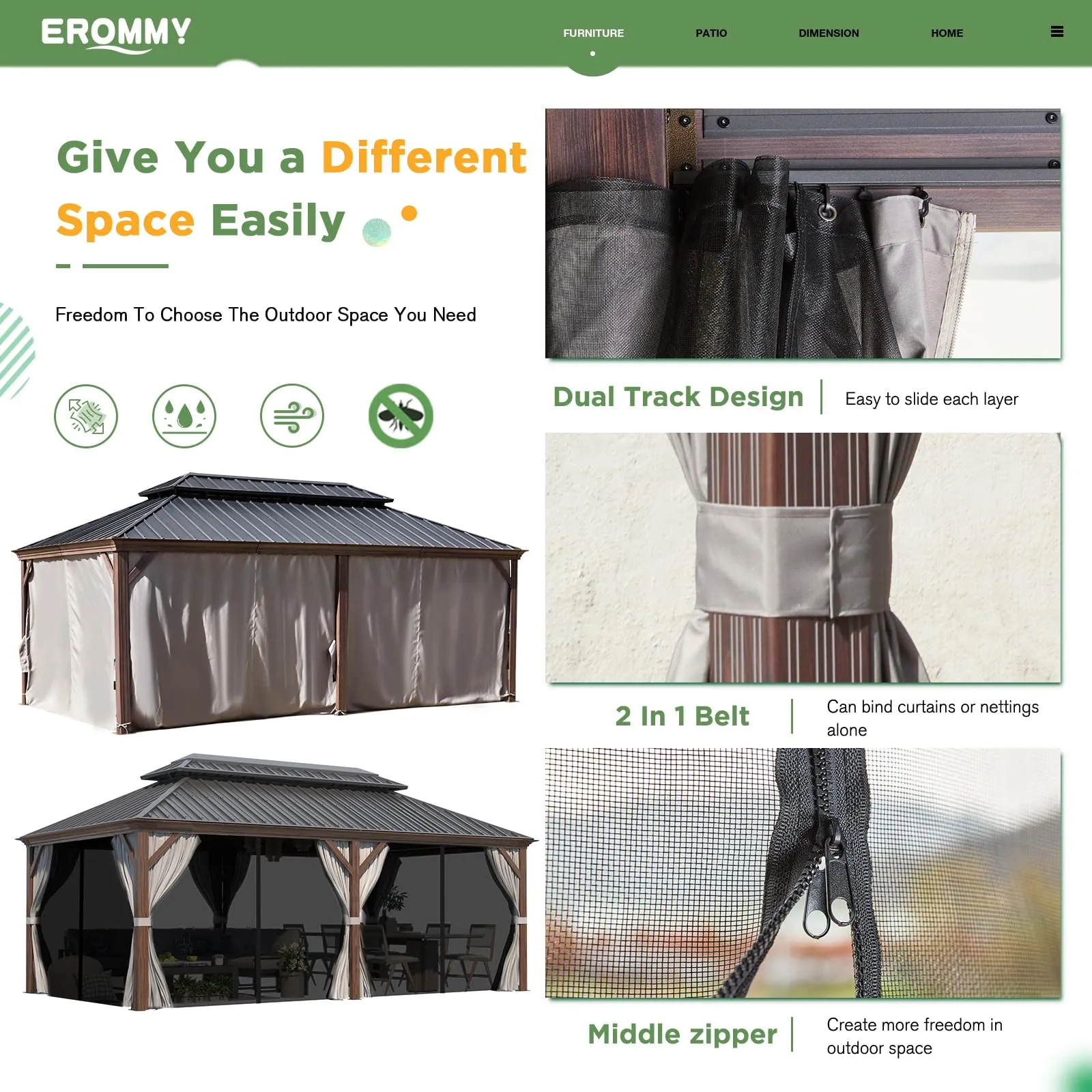 EROMMY 12' X 20' All Weather Gazebo with Sides and Hardtop