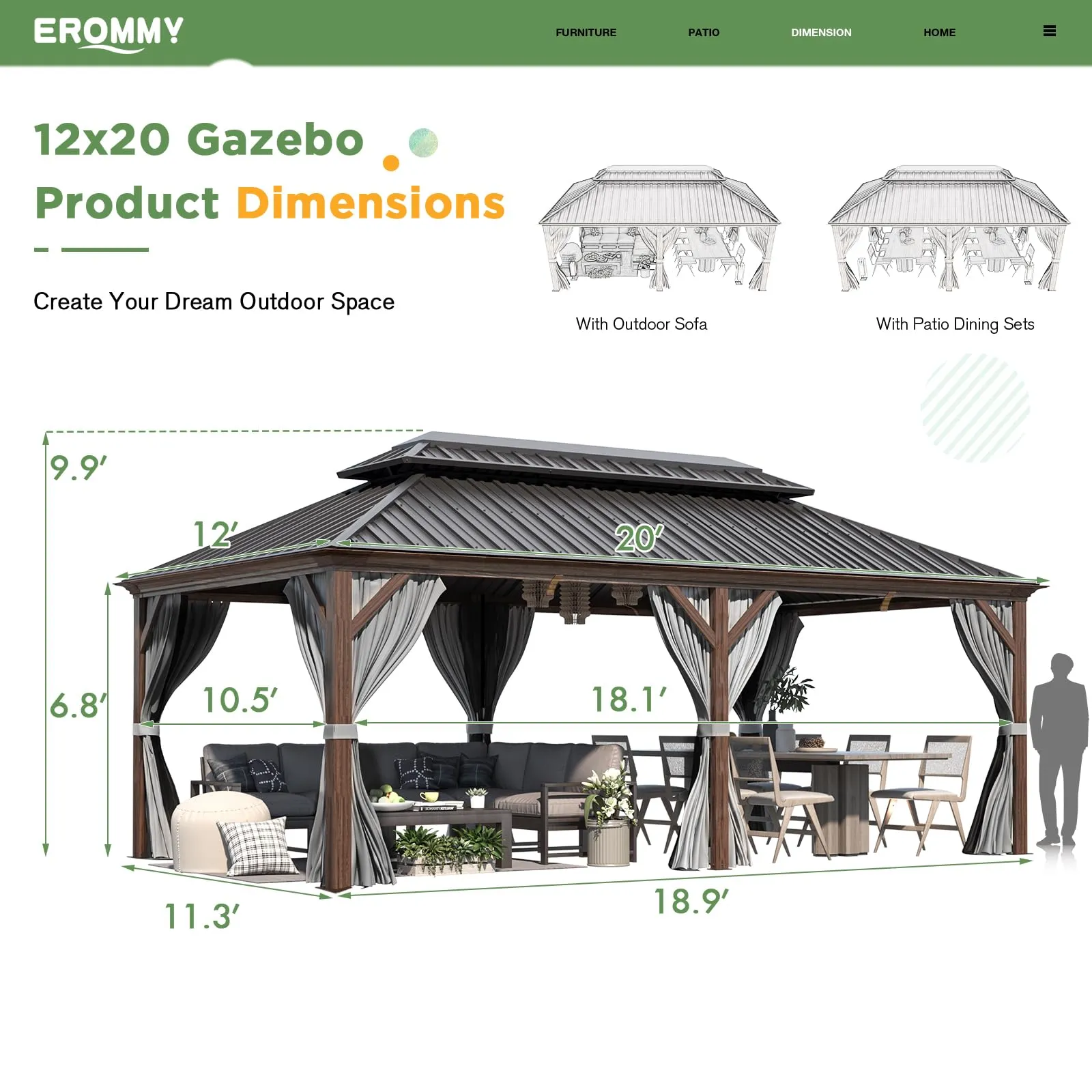 EROMMY 12' X 20' All Weather Gazebo with Sides and Hardtop