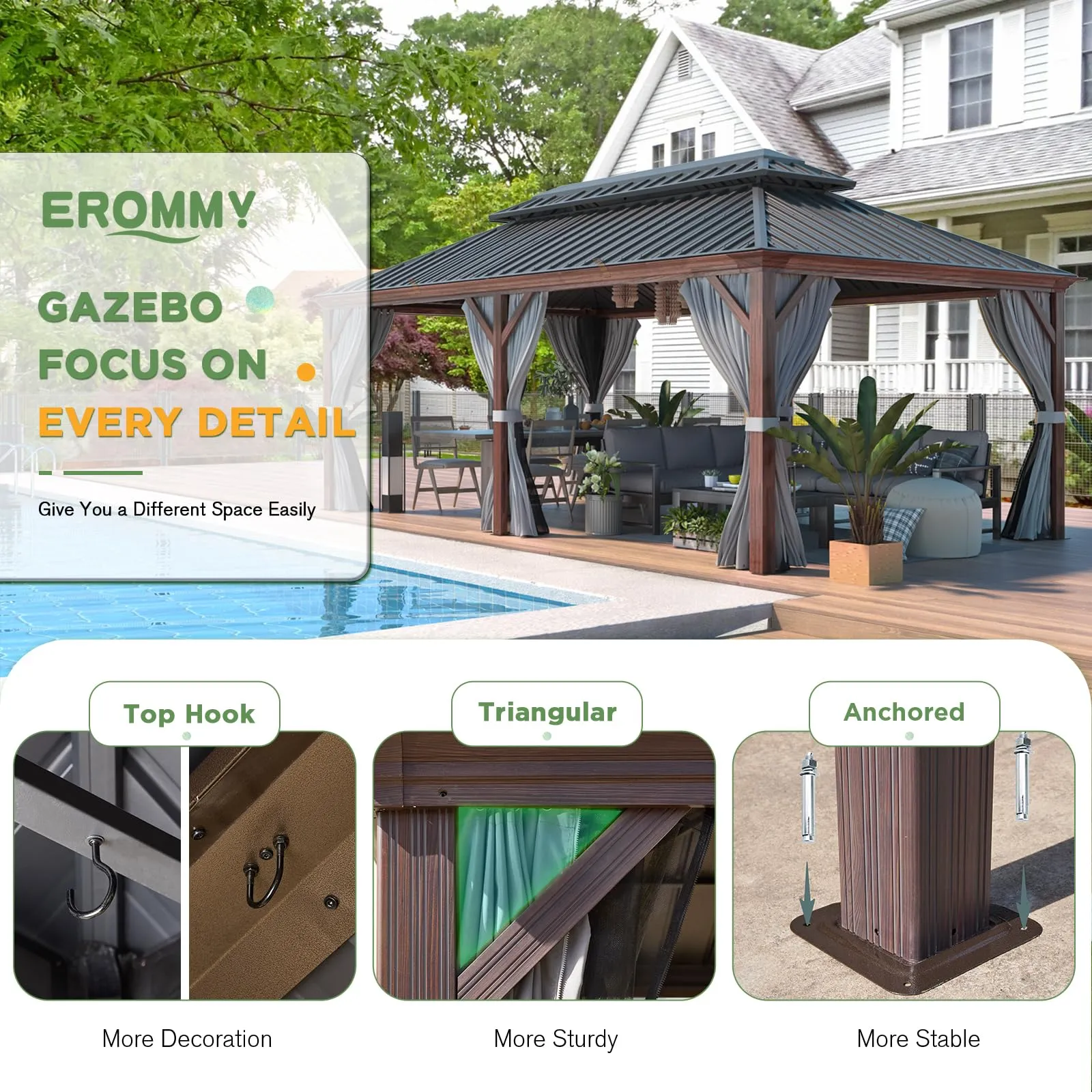EROMMY 12' X 20' All Weather Gazebo with Sides and Hardtop