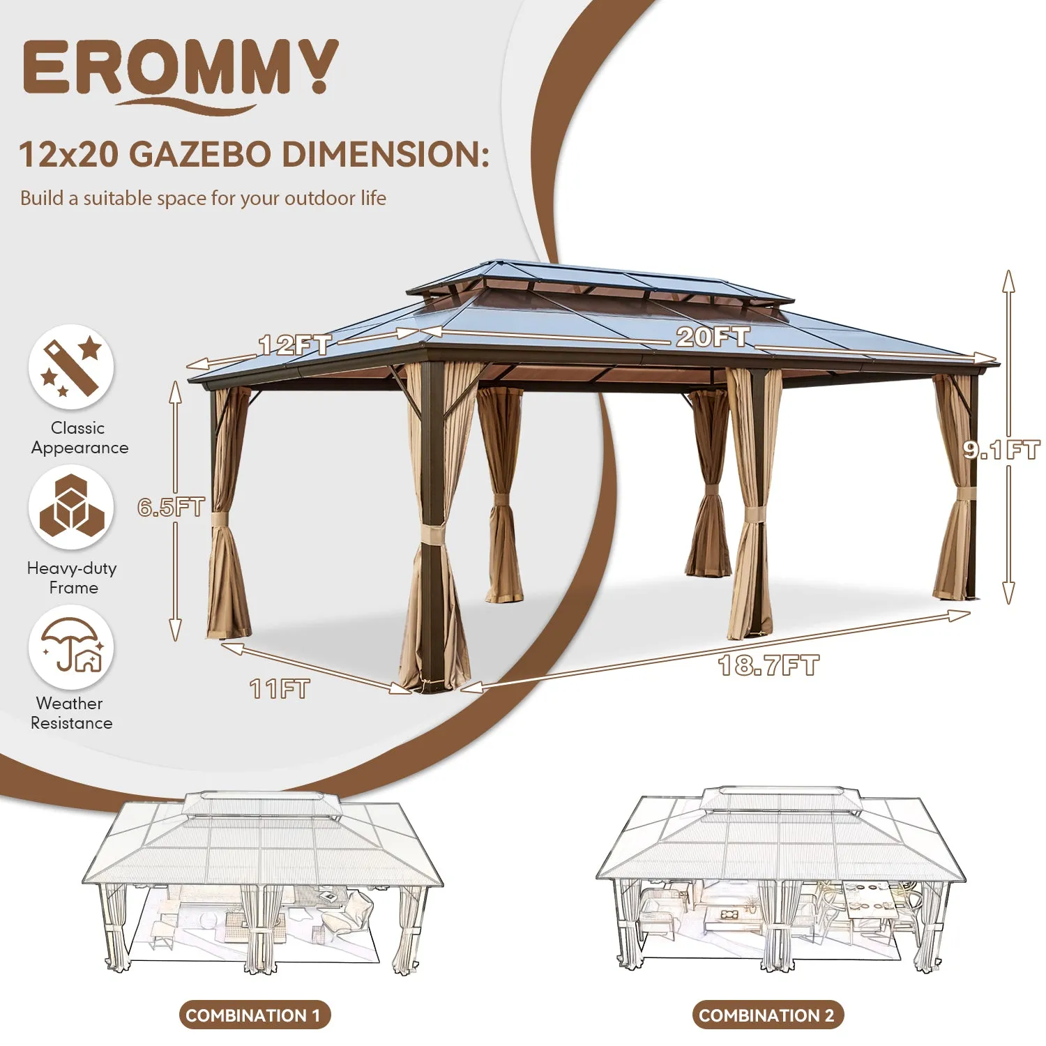 EROMMY 12'x20' Hardtop Gazebo, Outdoor Polycarbonate Double Roof Canopy, Aluminum Frame Permanent Pavilion