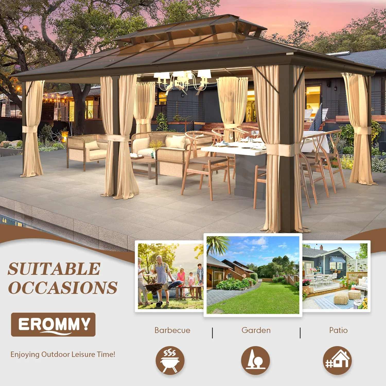 EROMMY 12'x20' Hardtop Gazebo, Outdoor Polycarbonate Double Roof Canopy, Aluminum Frame Permanent Pavilion