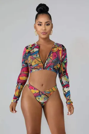 Face Oil Painting Printing Bathing Suit Zipper Up Crop Swimsuit UPF50  Rash Guard