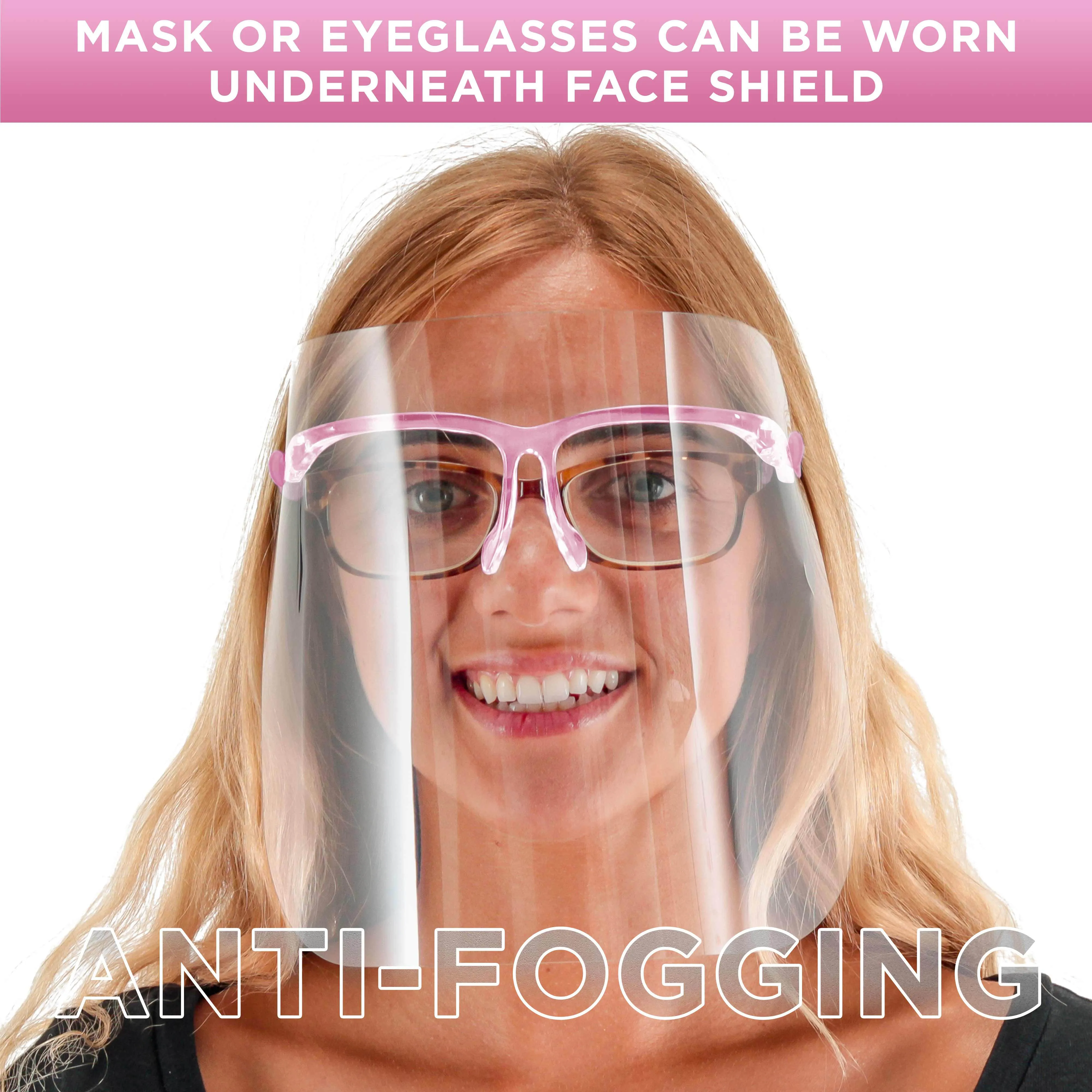 Face Shields with Pink Glasses Frames (20 Packs of 10) - Ultra Clear Protective Full Face Shields to Protect Eyes, Nose, Mouth - Anti-Fog PET Plastic