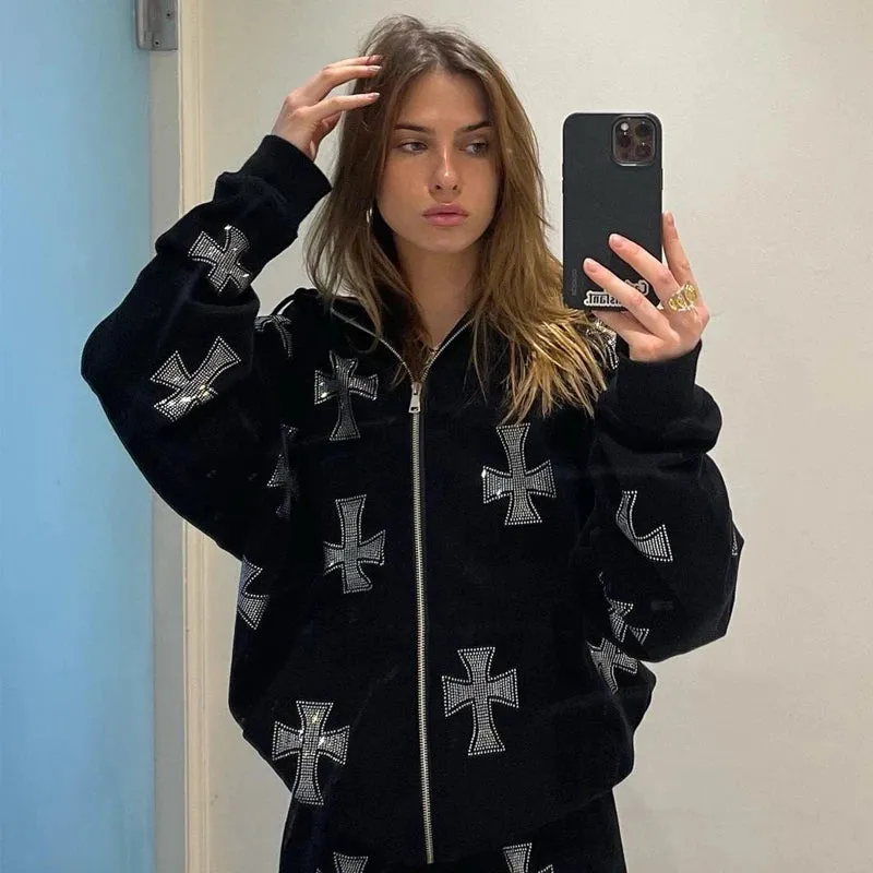 Fashionkova Vintage rhinestone graphics Oversized Hoodies Female Zip Up Long Sleeve Women's Sweatshirt Y2K Aesthetic Winter Grunge clothing