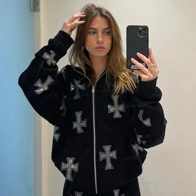 Fashionkova Vintage rhinestone graphics Oversized Hoodies Female Zip Up Long Sleeve Women's Sweatshirt Y2K Aesthetic Winter Grunge clothing