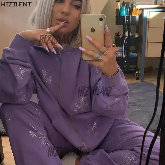 Fashionkova Vintage rhinestone graphics Oversized Hoodies Female Zip Up Long Sleeve Women's Sweatshirt Y2K Aesthetic Winter Grunge clothing