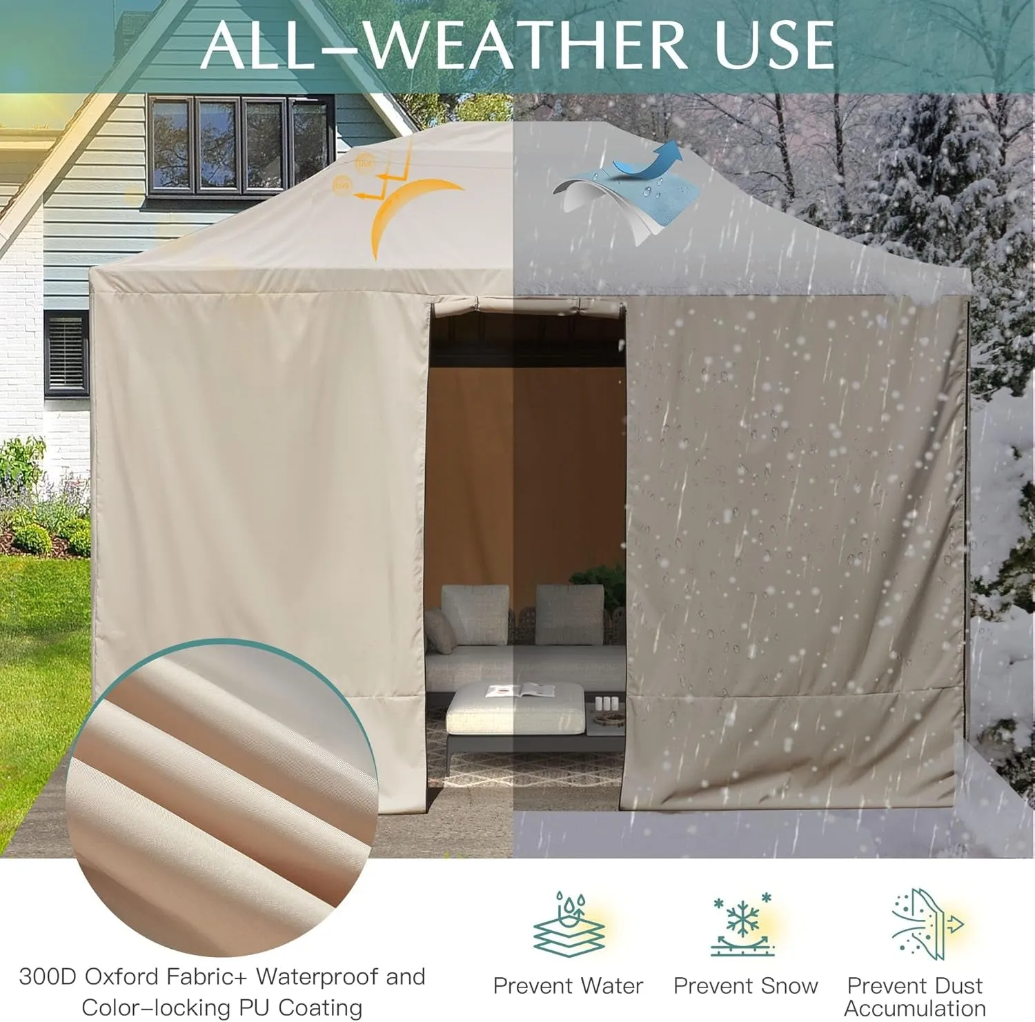 Gazebo Cover for 10'X13' Gazebos,Outoor Waterproof Winter Gazebo Cover with Sidewalls and Mesh Windows,Convert Gazebo into a Storage Space,Beige(Gazebo Not Included)