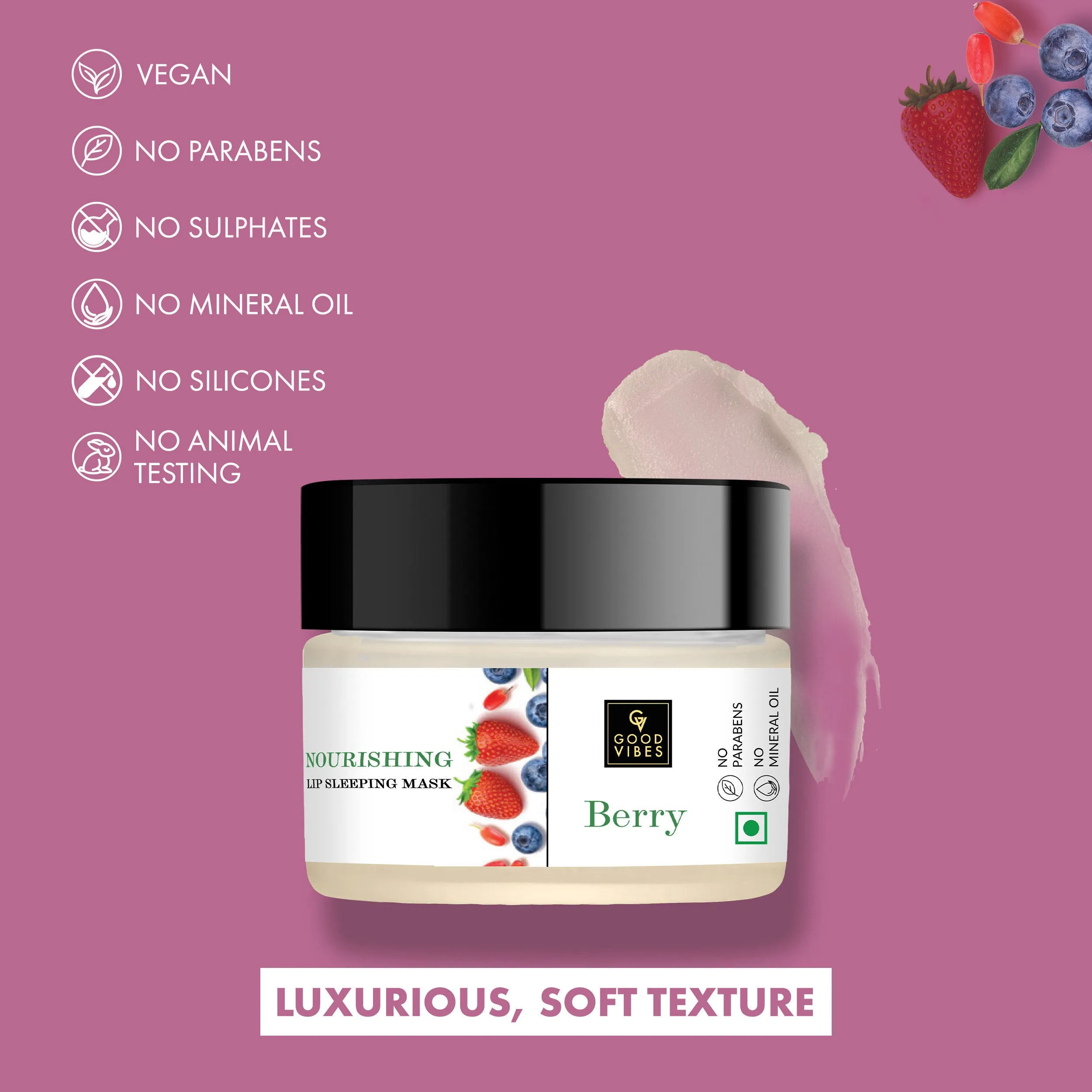Good Vibes Berry Nourishing Lip Sleeping Mask | With Almond Oil | Moisturizing, Softening | Vegan, No Parabens , No Sulphates, No Mineral Oil, No Silicones, No Animal Testing (12 g)