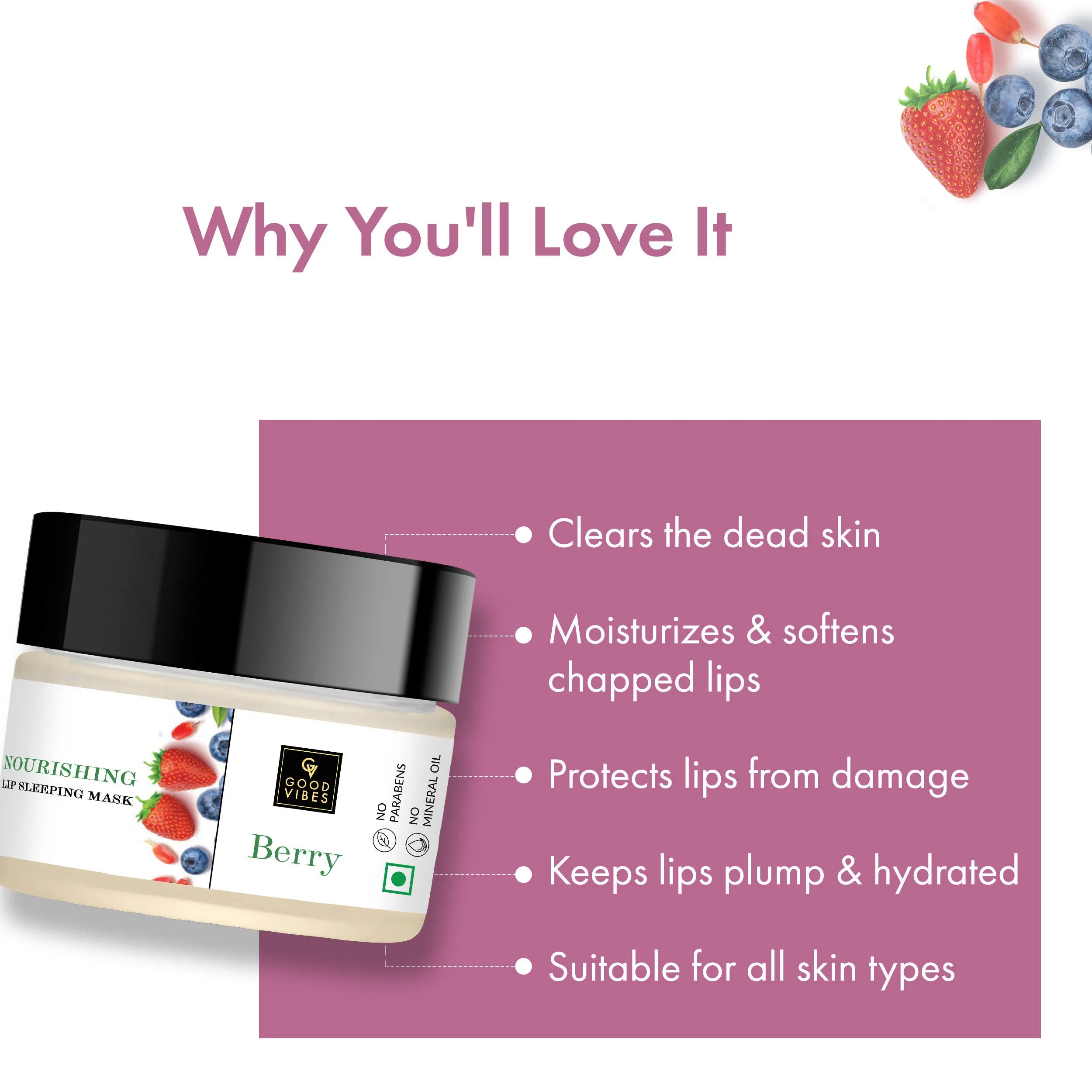 Good Vibes Berry Nourishing Lip Sleeping Mask | With Almond Oil | Moisturizing, Softening | Vegan, No Parabens , No Sulphates, No Mineral Oil, No Silicones, No Animal Testing (12 g)