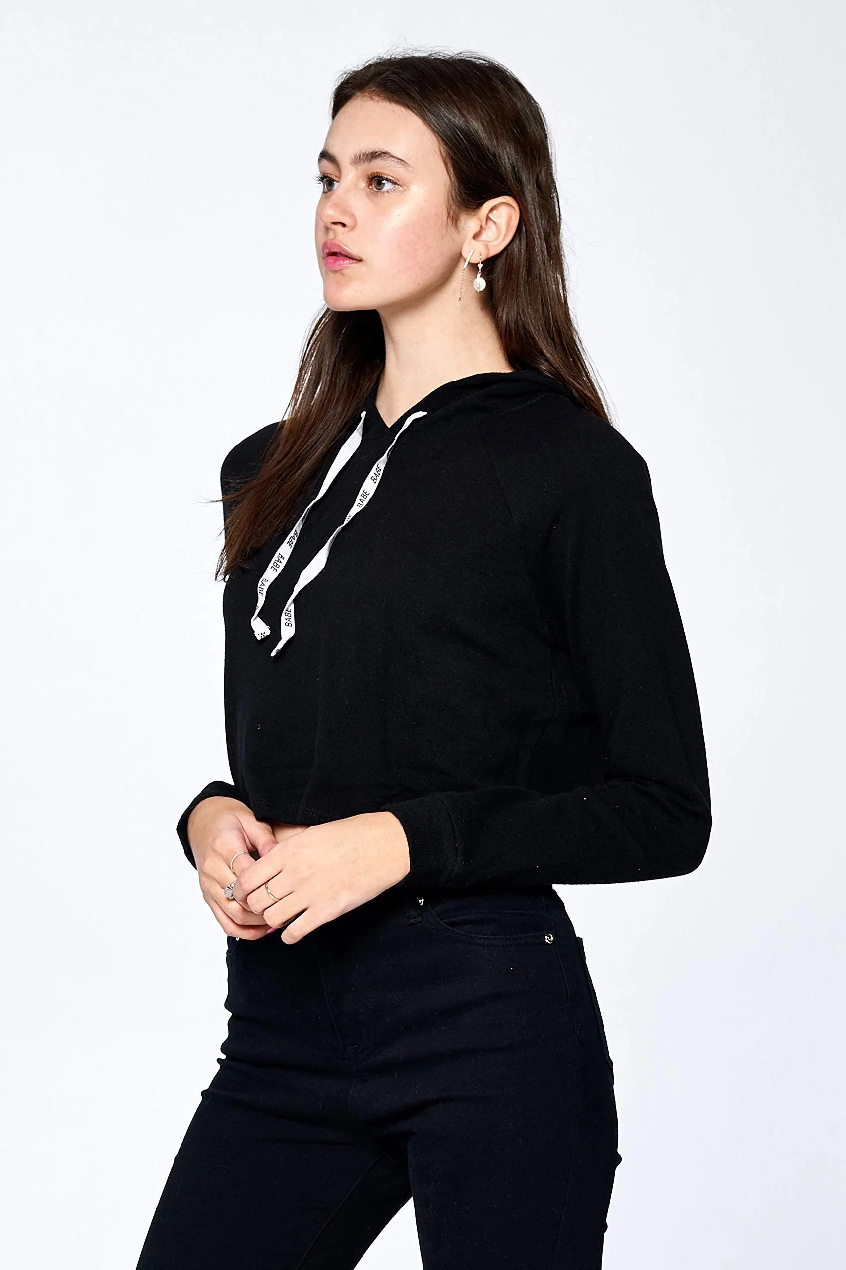 Khanomak Women's Long Sleeve "Babe" Drawstrings Hoodie Crop Top