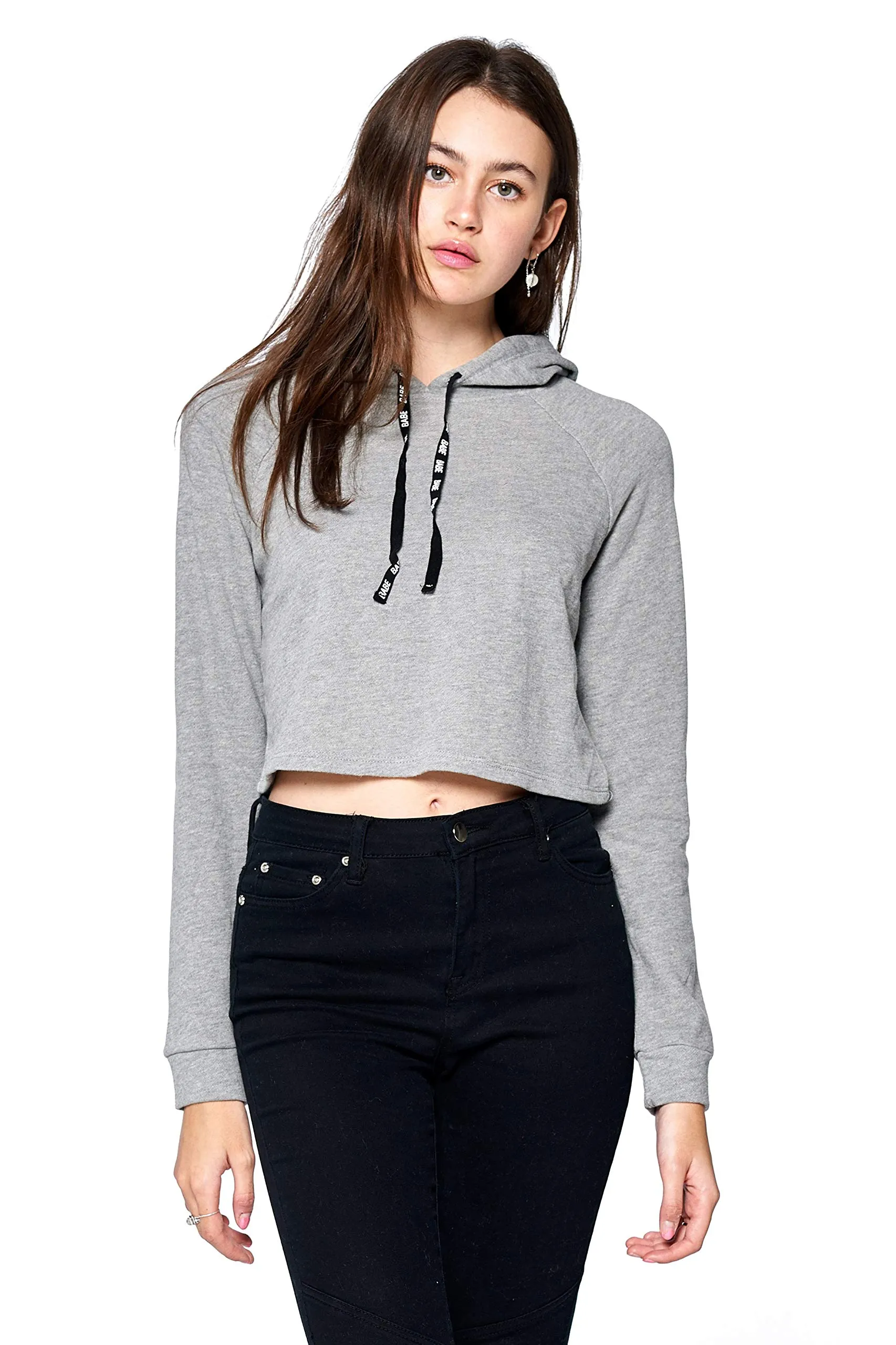 Khanomak Women's Long Sleeve "Babe" Drawstrings Hoodie Crop Top