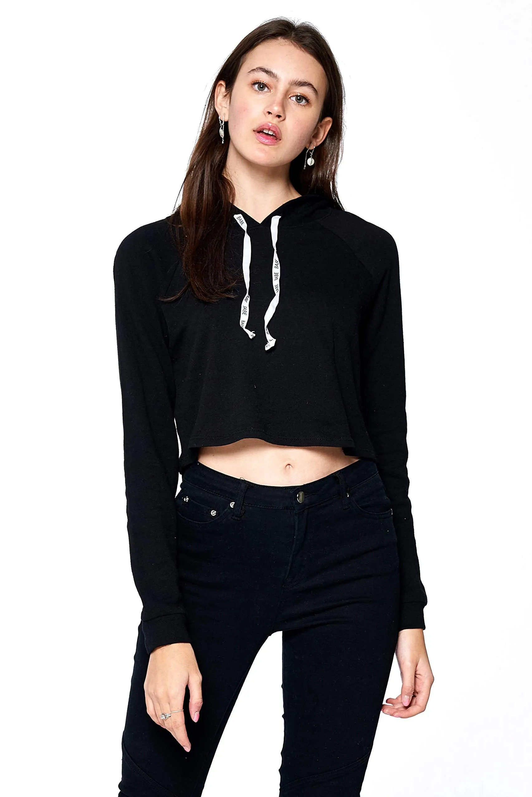 Khanomak Women's Long Sleeve "Babe" Drawstrings Hoodie Crop Top