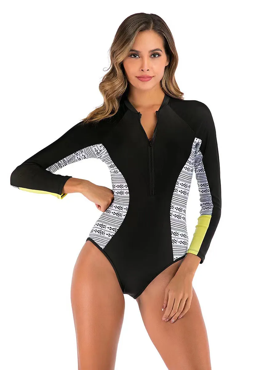 Long-sleeve zippered swimsuit with side print UPF50  Rash Guard