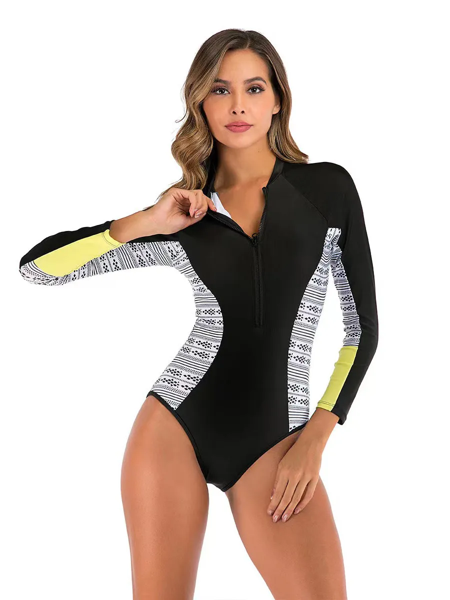 Long-sleeve zippered swimsuit with side print UPF50  Rash Guard