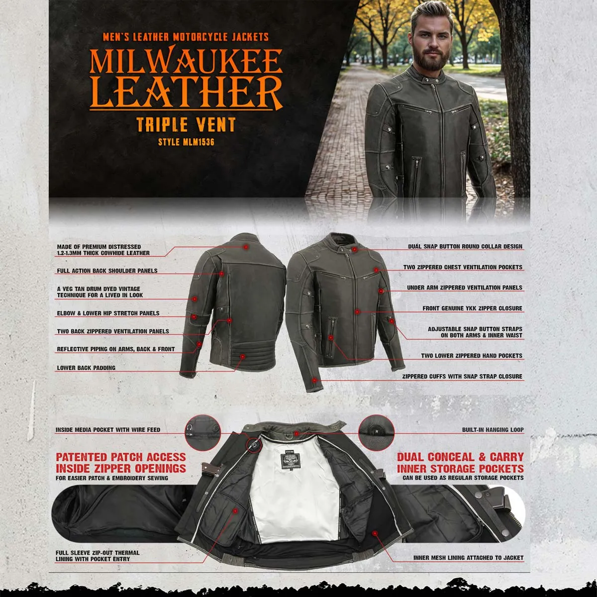 Milwaukee Leather MLM1536 Mens Vintage Distressed Grey Leather Scooter