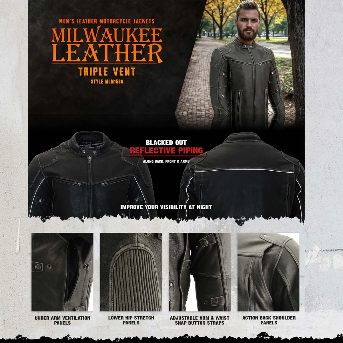 Milwaukee Leather MLM1536 Mens Vintage Distressed Grey Leather Scooter