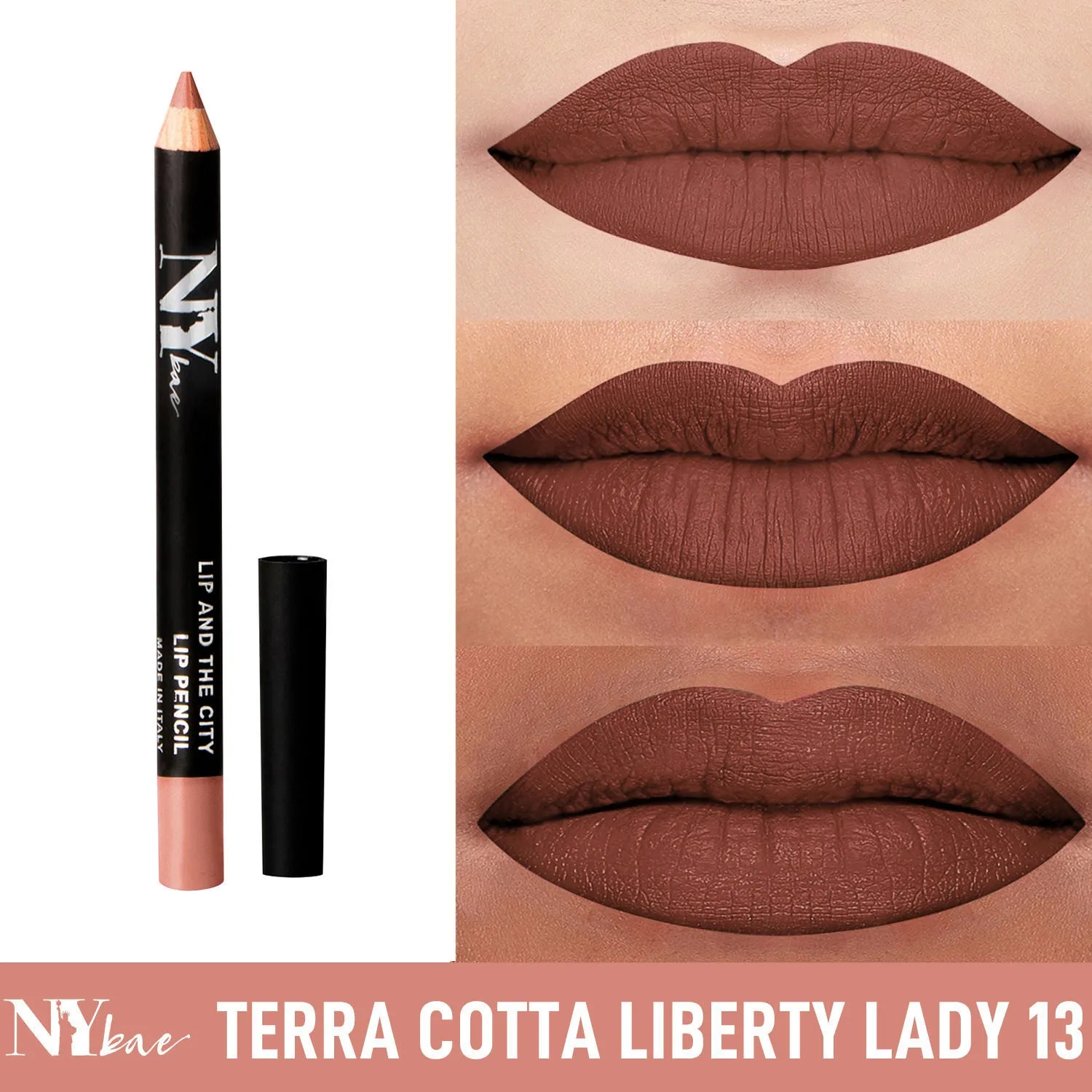 NY Bae Lip And The City Lip Pencil - Terra Cotta Liberty Lady 13 (0.8 g) | Brown | Creamy Matte Finish | Enriched with Vitamin E & Coconut Oil | Rich Colour Payoff | Long lasting | Transfer Resistant | Vegan | Cruelty & Paraben Free