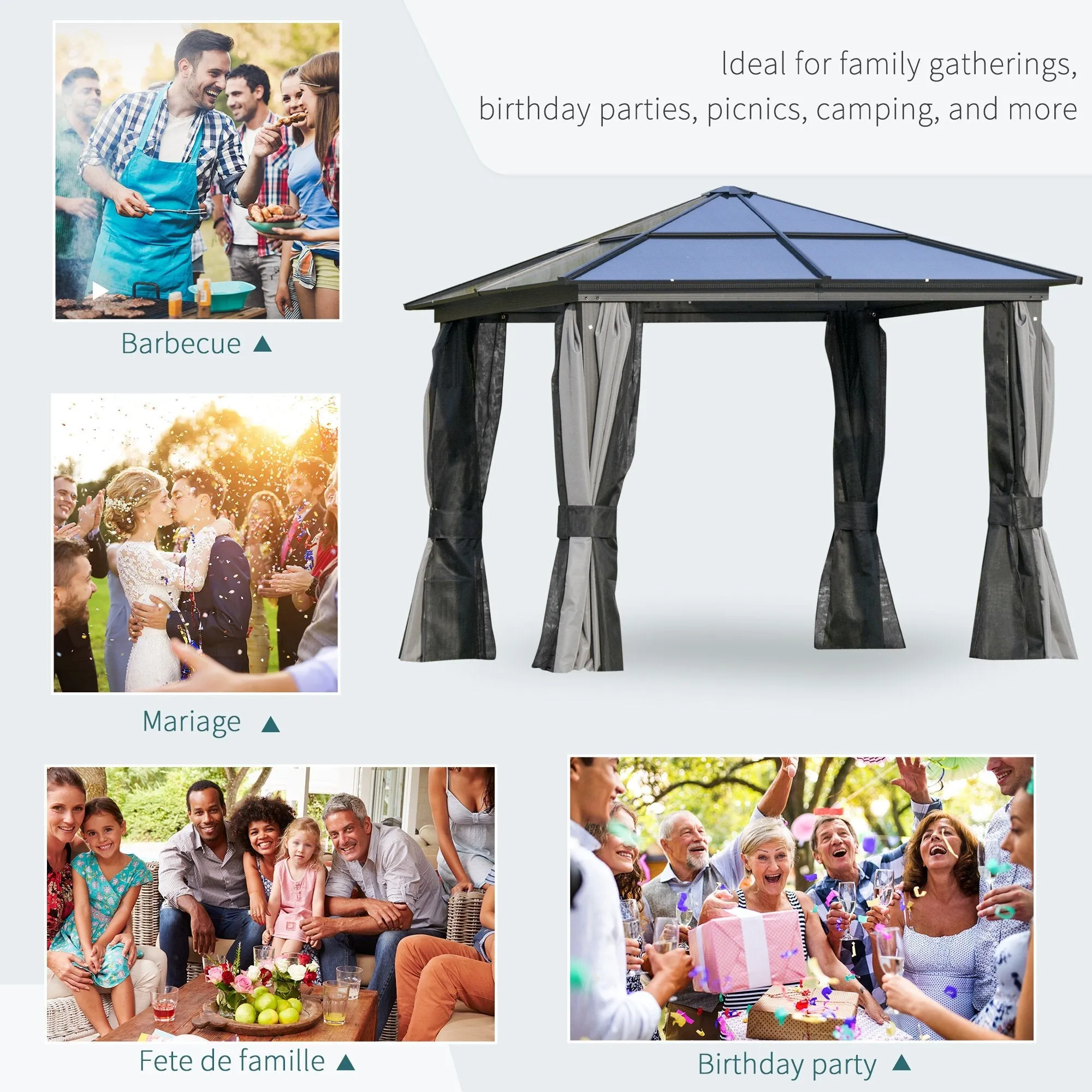 Outsunny 3 x 3(m) Hardtop Gazebo with UV Resistant Polycarbonate Roof & Aluminium Frame