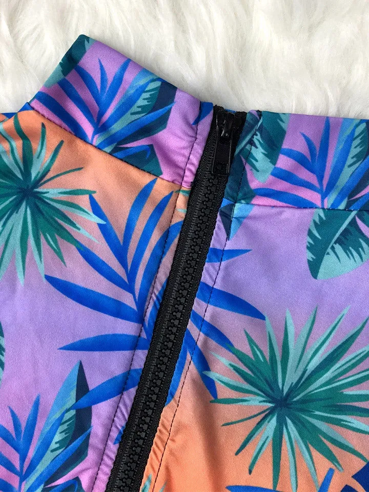 Pink leaf print long-sleeve one-piece swimsuit UPF50  Rash Guard