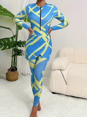 Printed three-piece long-sleeved and long-pants sun protection swimsuit UPF50  Rash Guard