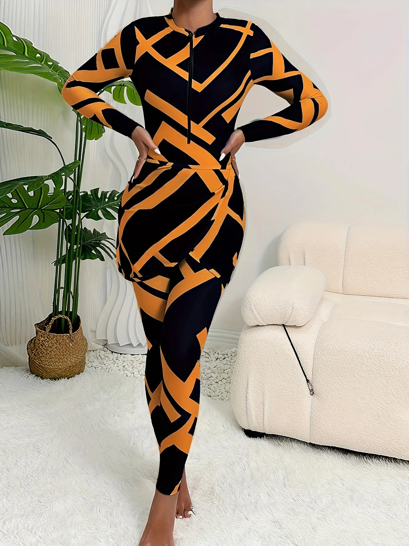 Printed three-piece long-sleeved and long-pants sun protection swimsuit UPF50  Rash Guard