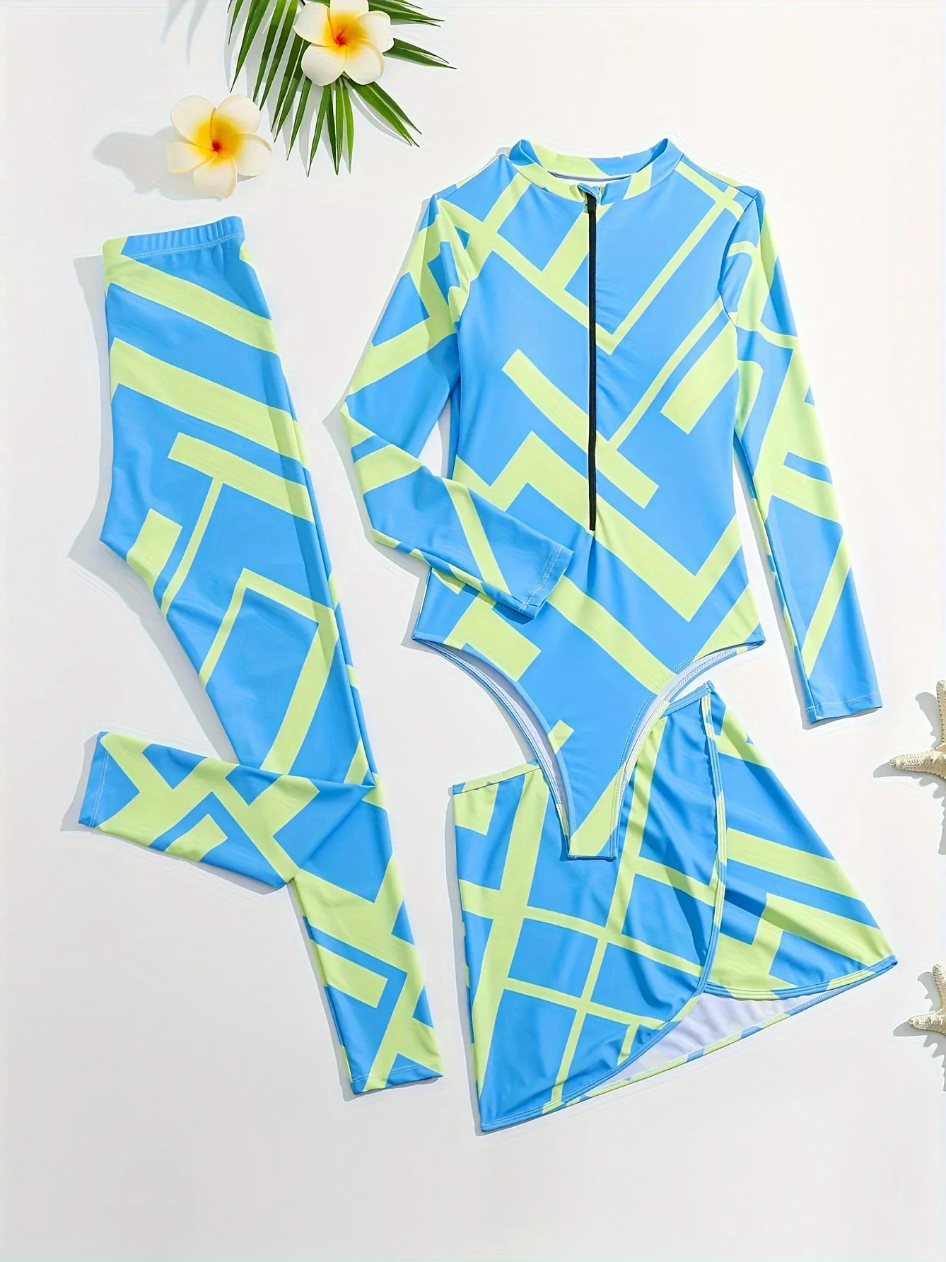 Printed three-piece long-sleeved and long-pants sun protection swimsuit UPF50  Rash Guard