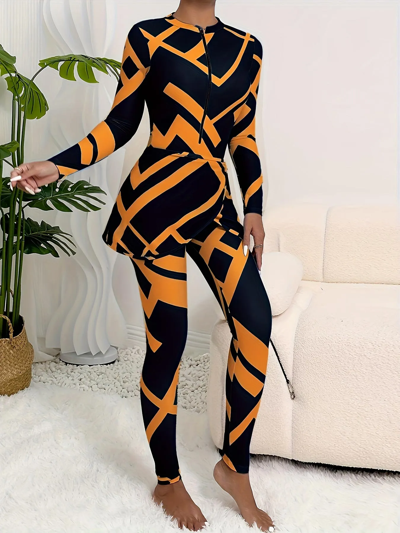 Printed three-piece long-sleeved and long-pants sun protection swimsuit UPF50  Rash Guard