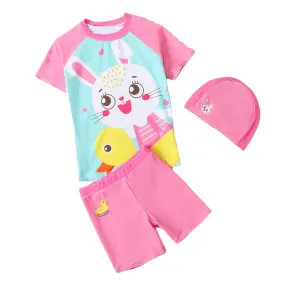 Rabbit Duck Theme Swimsuit and Swim Cap for Kids- 2Pcs (UPF 50 &A) - Pink