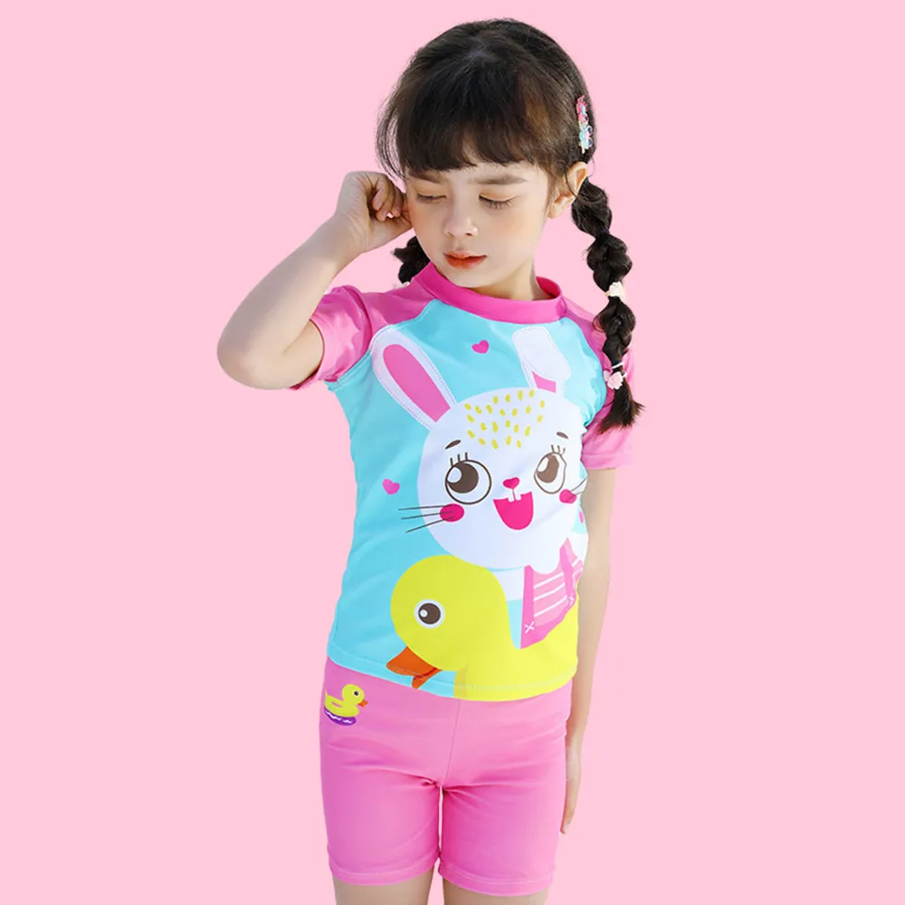 Rabbit Duck Theme Swimsuit and Swim Cap for Kids- 2Pcs (UPF 50 &A) - Pink