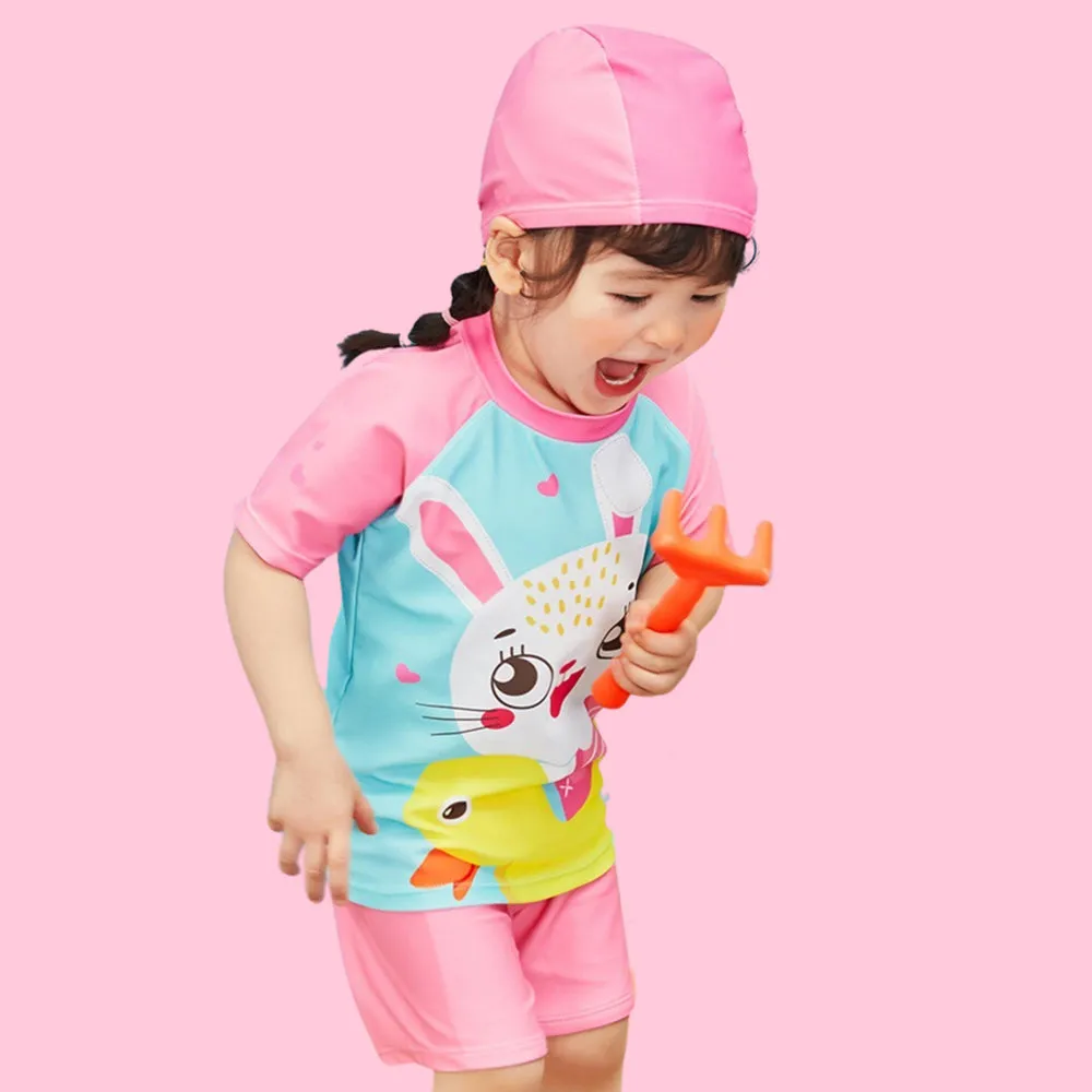 Rabbit Duck Theme Swimsuit and Swim Cap for Kids- 2Pcs (UPF 50 &A) - Pink