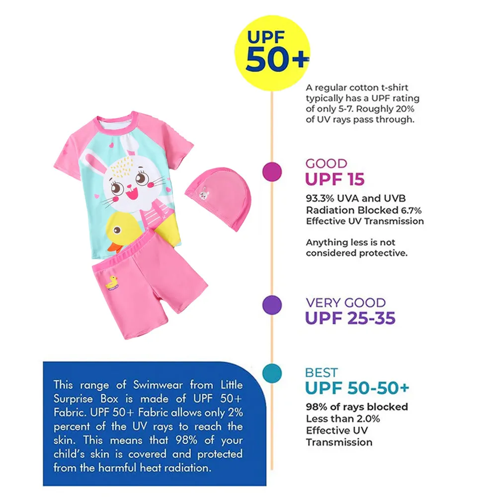Rabbit Duck Theme Swimsuit and Swim Cap for Kids- 2Pcs (UPF 50 &A) - Pink