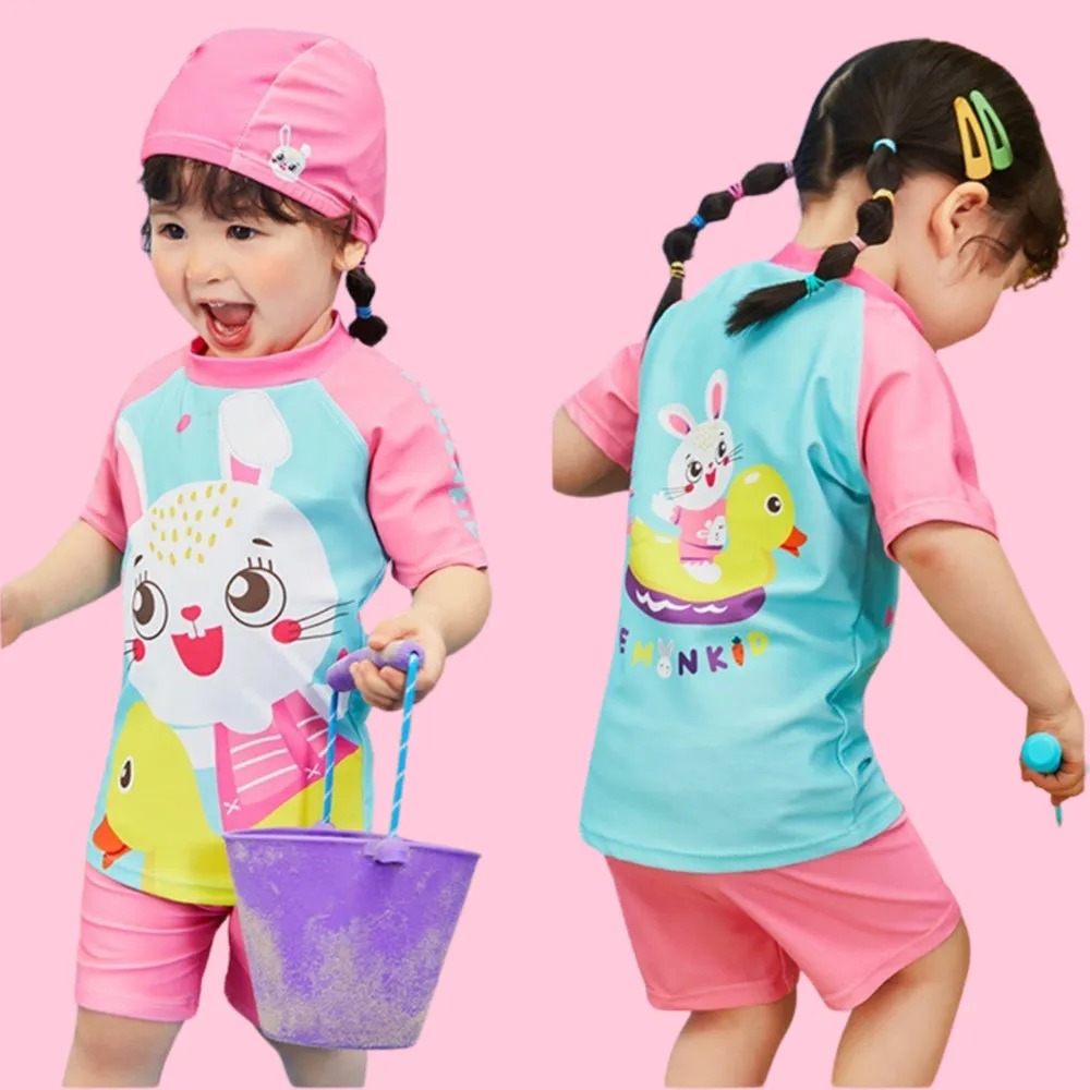 Rabbit Duck Theme Swimsuit and Swim Cap for Kids- 2Pcs (UPF 50 &A) - Pink