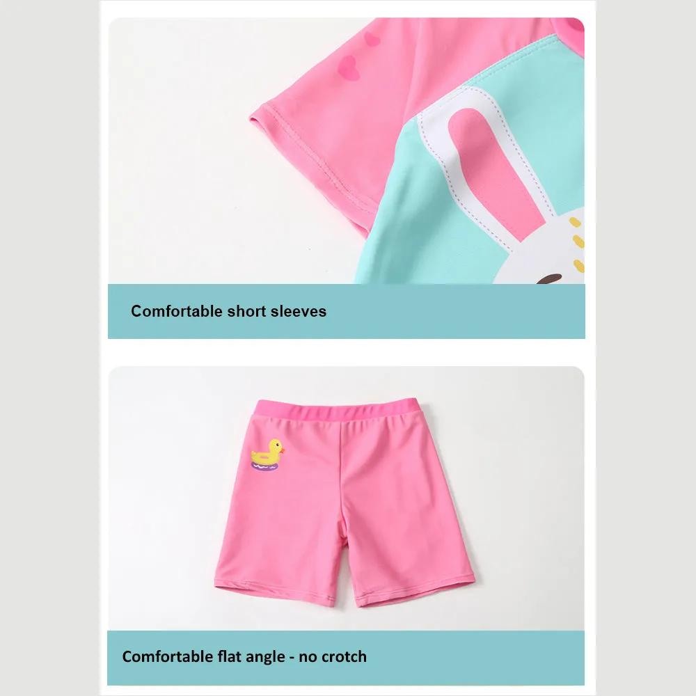 Rabbit Duck Theme Swimsuit and Swim Cap for Kids- 2Pcs (UPF 50 &A) - Pink