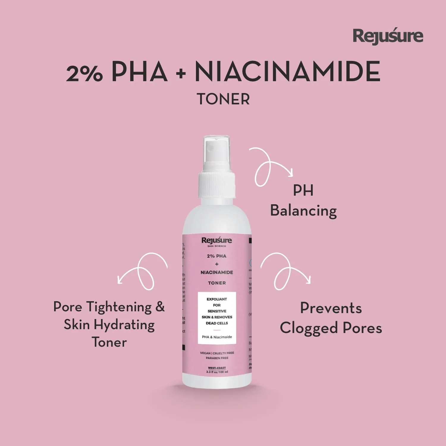 Rejusure PHA 2%   Niacinamide Alcohol Free Face Mist Toner For Mild Exfoliation & Pore Tightening Best for Oily & Normal Skin - 100ml (Pack of 5)