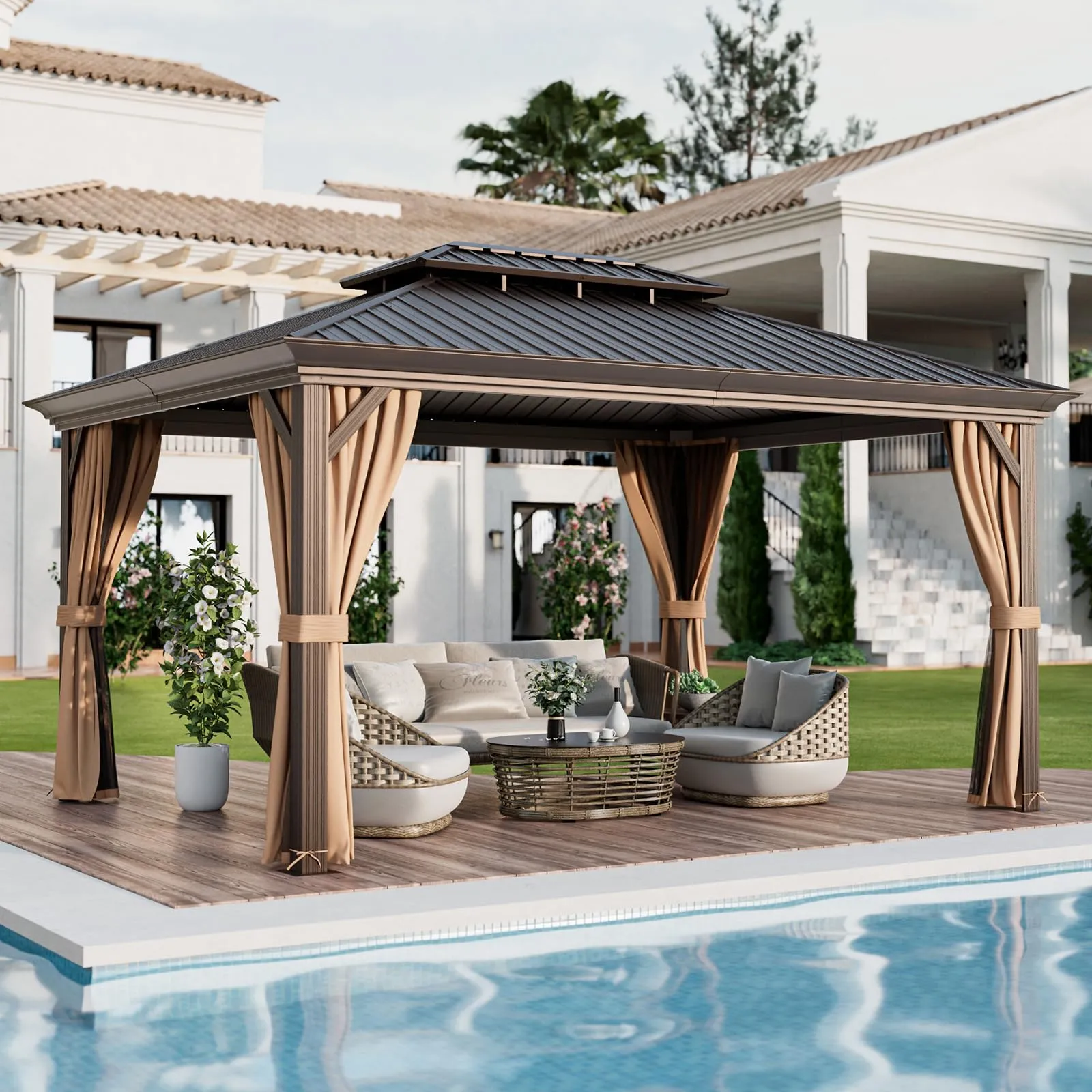 Tangkula 12x16 Ft Hardtop Gazebo, Double-Roof Patio Gazebo with Galvanized Steel Roof, Permanent Pavilion Gazebo