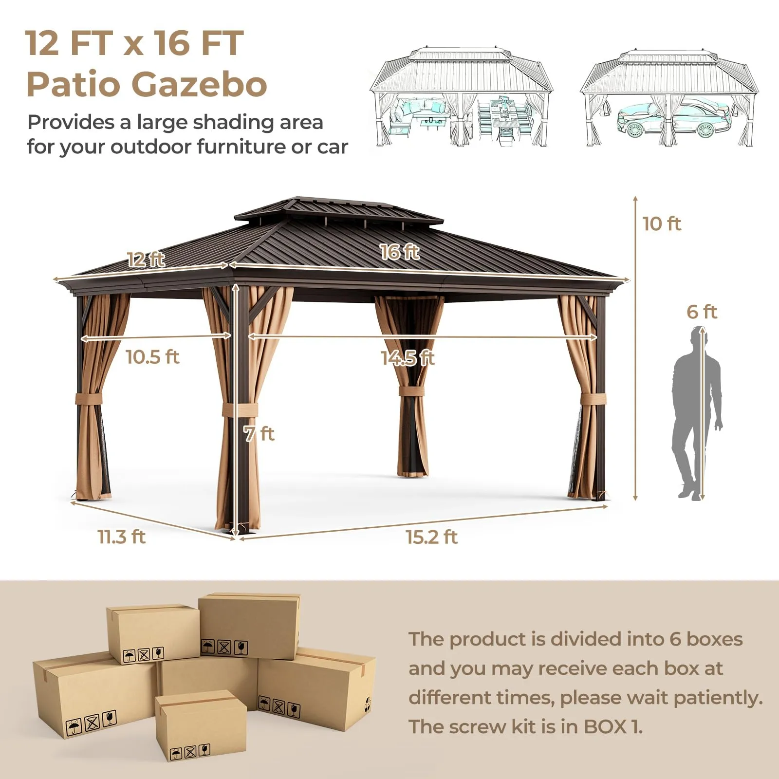 Tangkula 12x16 Ft Hardtop Gazebo, Double-Roof Patio Gazebo with Galvanized Steel Roof, Permanent Pavilion Gazebo