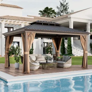 Tangkula 12x16 Ft Hardtop Gazebo, Double-Roof Patio Gazebo with Galvanized Steel Roof, Permanent Pavilion Gazebo